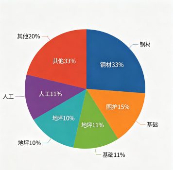 造价构成饼图(钢材33%,围护15%,基础11%,地坪10%,人工11%,其他20%)