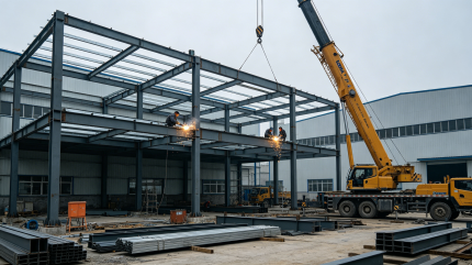 钢结构厂房加层施工现场(二层钢梁吊装或搭建中)