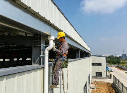 钢结构厂房落水管安装 打密封胶 抱箍固定施工