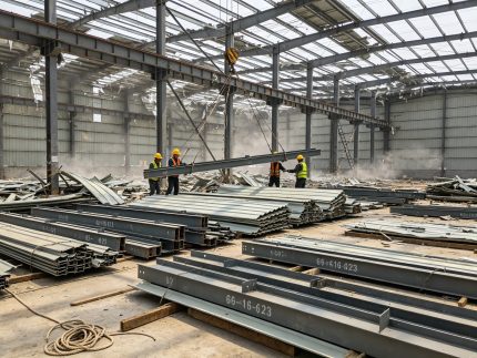 钢结构厂房保护性拆除现场（显示构件编号、分类堆放）