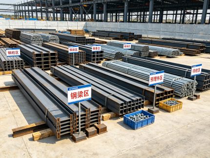 钢结构构件堆放区实拍（显示分区堆放、标识清晰）