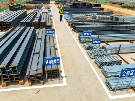钢结构构件堆放区实拍（显示分区堆放、标识清晰）
