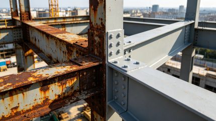 原结构锈蚀与补强后对比,对应"检测鉴定"
