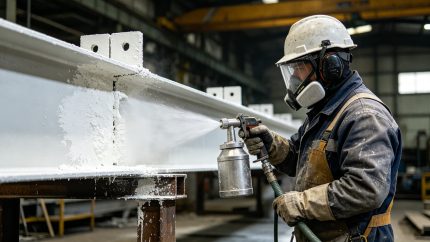 工人对钢构件喷涂防火涂料的近景实拍